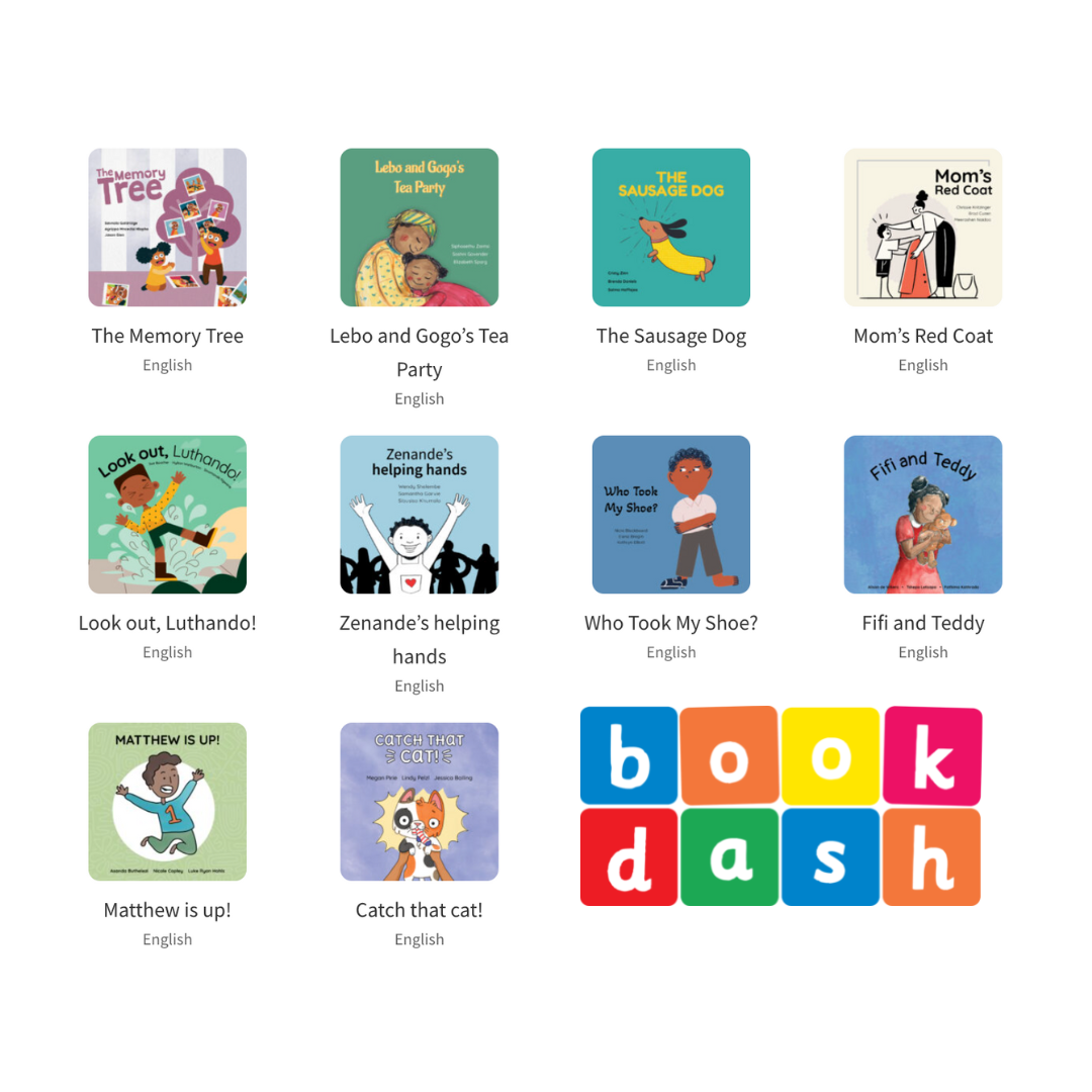 An image showing the front page covers of the ten new book dash titles published at the Durban book dash in 2022 as well as the colourful book dash logo.